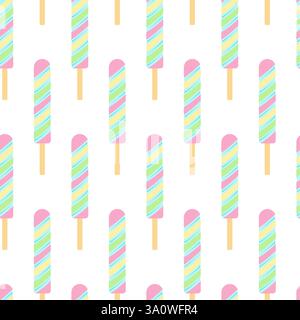 Popsicle mit farbenfrohen Pastellstreifen in trendigem Pink, Blau, Gelb und Grün. Isolierte Vektor-Illustration Hintergrund Hintergrundbild Web-Promo-Banner, thematische Karten, Broschüren, Tags Stock Vektor