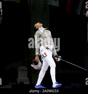 29. Juli 2024: Paris, Frankreich: Sara Balzer reagiert auf die Niederlage von Olga Kharlan aus der Ukraine im Halbfinale der Fechten Women's Sabre Individual Stockfoto