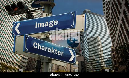 Ein Bild mit einem Wegweiser, der in zwei verschiedene Richtungen auf Deutsch zeigt. Eine Richtung ist nach Zeichen, die andere nach Bild. Stockfoto