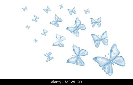 Zusammensetzung vieler Blauschmetterlinge unterschiedlicher Grösse, die in verschiedene Richtungen fliegen. Aquarellabbildung. Handgezeichnet, isoliert auf weißem Hintergrund. Für Postkartendesign, Druck- und Geschenkpapier Stockfoto