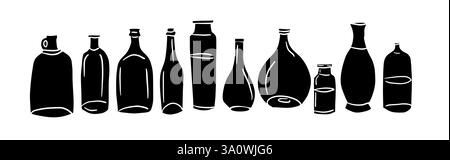 Ein Satz schwarzer Flaschen. Handzeichnung. Nicht AI, Vektorillustration Stock Vektor