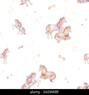 Nahtloses Aquarellmuster mit Einhorn und mehrfarbigen Sternen. Handgezeichnete Illustrationen des Hintergrunds für Kinderzimmer-Tapeten, Babydekor, Textilien Stockfoto