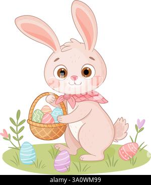 Süßer Osterhase mit einem Korb. Handgezeichnetes trendiges, flaches Design, isoliertes Symbol. Kaninchen oder Hasen auf der Suche nach Eiern auf einer Blumenwiese, Frühlingsfest mit Tierferien. Vektorabbildung Stock Vektor