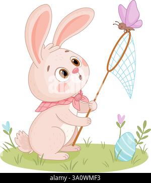 Osterhase mit einem Landenetz. Handgezeichnetes trendiges, flaches Design, isoliertes Symbol. Hase oder Hase fängt einen Schmetterling auf einer Wiese mit Blumen, Frühlingsfestlichkeit und Tierweihnachtscharakter. Vektorabbildung Stock Vektor