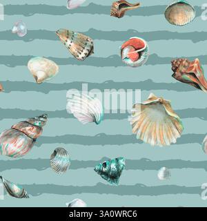 Muschelmuster auf blauem Hintergrund. Handgezeichnetes nahtloses Schmuckstück mit Meeresmuscheln zum Einpacken von Papier oder Textilien im nautischen Stil Stockfoto