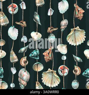 Verschiedene Muscheln sind rund, spiralförmig, an Seilen aufgehängt. Marine Girlanden zur Dekoration. Handgezeichnete Aquarellillustration. Nahtloses Muster auf einem Stockfoto
