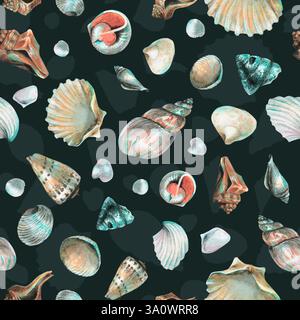 Nahtloses Muschelmuster auf dunkelblauem Hintergrund. Handgezeichnete Aquarelle Sea Shells zum Einpacken von Papier oder Textilien im nautischen Stil. Unter Wasser Stockfoto