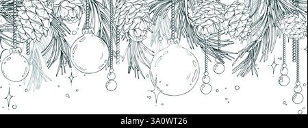 Weihnachtskugeln hängen, Tannenzweige, Kegel mit funkelnden Sternen. Weihnachten, Neujahr, Winter Line Art ist eine einfache handgezeichnete Illustration in Schwarz Stock Vektor