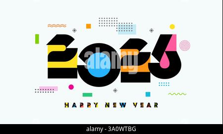 Happy New Year 2026, farbenfrohe Buchstaben und Elemente im Memphis-Stil. Vorlage für horizontale Nummer 20 26 für Neujahrskarten oder Kalenderumschläge. Vektor Stock Vektor