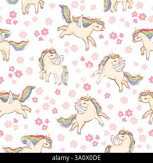 Regenbogeneinhorn. Handgezeichnetes nahtloses Muster. Pferd Einhorn unter rosa Blumen auf weißem Hintergrund. Helle Illustration in hellen Farben für Design Stock Vektor