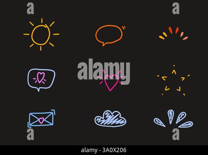 Set aus verschiedenen bunten, handgezeichneten Kritzeleien. Stock Vektor