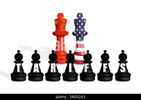Schach aus US- und China-Flaggen auf weißem Hintergrund mit WORTZÖLLEN Stockfoto