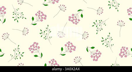 Nahtloses Muster mit zarten rosa Blüten und grünen Blättern auf Gelb, das ein bezauberndes botanisches Design für verschiedene Anwendungen schafft Stock Vektor