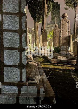 Historische osmanische Grabsteinmarkierungen auf einem ruhigen Friedhof, beleuchtet bei Nacht, umgeben von Bäumen, Istanbul, Türkei Stockfoto