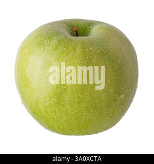 Apfel mit Wassertropfen. Grüner Apfel isoliert auf weißem Hintergrund Stockfoto