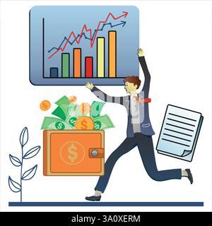 Ein Geschäftsmann, der eine wachsende Charts führt und hält, feiert steigende Gewinne mit Geld und Münzen, die aus seinem Geldbeutel kommen. Stock Vektor