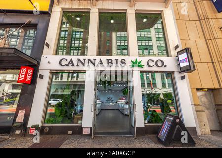 Eingang des Cannabisgeschäfts mit moderner Glasfassade und grüner Inneneinrichtung im städtischen Einkaufsviertel von New York City. New York. USA. Stockfoto