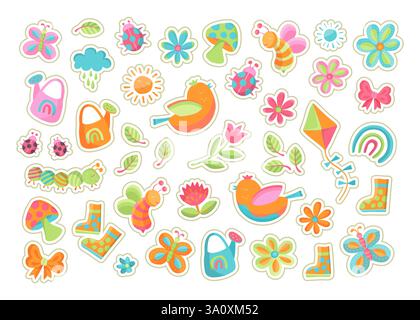 Bunte niedliche Frühlingsaufkleber mit Outline-Strichen, Sommer-isolierte Illustrationen mit Bienen, Blumen, Schmetterlingen und Kites in verspieltem Stil Stock Vektor