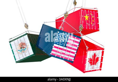 Frachtcontainer mit amerikanischer, kanadischer, mexikanischer und chinesischer Flagge auf den Haken. Der Handelskrieg der Vereinigten Staaten mit Kanada, Mexiko und China, Konzept Stockfoto