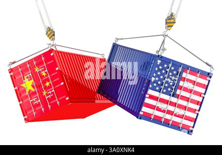 Der Handelskrieg der Vereinigten Staaten mit China, Konzept. Frachtcontainer mit amerikanischer und chinesischer Flagge auf den Kranhaken. 3D-Rendering isoliert auf weiß b Stockfoto
