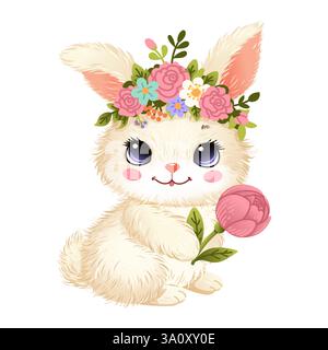 Entzückendes flauschiges Häschen mit Blumenkrone, die eine rosafarbene Blume hält. Niedliche Frühlingsillustration Stock Vektor