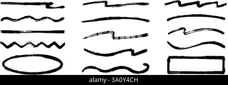 Gerade, Zick-Zack- und wellige Farblinie. Sammlung von Pinselstrichen und Rahmen für Skizzen. Raue Kohlestreifen und -Formen für Hervorhebung, Unterstreichen und Hervorhebung. Vektor Hand gezeichnete strukturierte Kreide Streifen Stock Vektor
