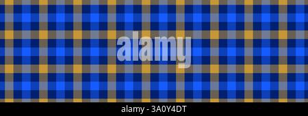 Nahtloses Muster in blauem und gelbem Gingham. Marineblaues vichy-Hintergrundtextur für Textildesign, Stoffmuster, Schal, Anzugsdruck. Maskuline karierte Tweedtapete, sich wiederholende Tapete. Vektorhintergrund Stock Vektor