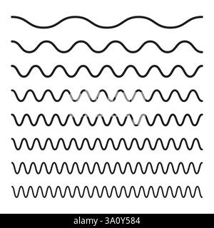 Wellenlinie festgelegt. Abstraktes gekrümmtes Muster. Geometrische Wellenform. Schwarzes Vektorelement. Stock Vektor
