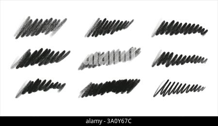 Satz schwarzer Kreide, Kohlepinselstriche. Stock Vektor