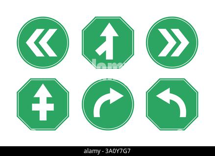 Clipart Set mit Symbolen für Straßenschilder. Pfeilschilder für Verkehrsstraßen sind ClipArt wie Rechts- und Linkskurve, Zusammenführung und Warnung an der Kreuzung für Autobahn und Wegbeschreibungen Stock Vektor