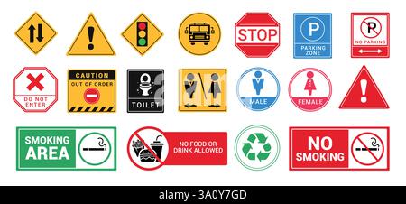 Warnzeichen Symbol Clipart festgelegt. Warnschilder und Symbole für Verkehr, Transport, Autobahn, öffentliche Toiletten, Gefahrenzone, Gefahr und Rauchen Stock Vektor