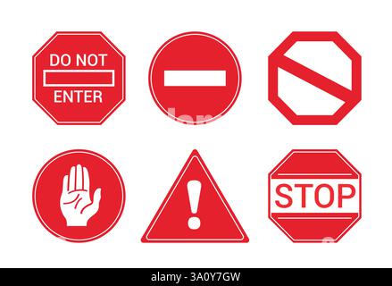 Clipart Set für Stoppzeichen. Verkehrswarnschilder in roter Tafel, wie z. B. „nicht einfahren“, „außer Betrieb“, „Gefahr“, „Vorsicht“ und „STOP“, Clip Art Stock Vektor