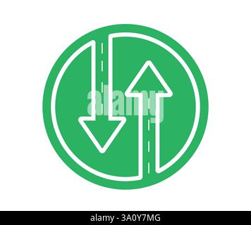 Bidirektionales Symbol für Verkehrszeichen. Bidirektionale Straßensymbole mit Aufwärts- und Abwärtspfeil und unterbrochener Linie im grünen Kreis für Fahrzeugverkehr Stock Vektor