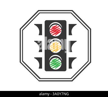 Ampelzeichen Symbol Clipart. Rotes, gelbes, grünes Ampelsymbol mit farbigen handgezeichneten Lichtern in schwarzem Achteck für die Autobahn Stock Vektor