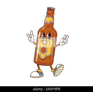 Grooviges Bier oder Ale Flasche glücklicher Charakter. Barbier grooviger, süßer Charakter. Pub Ale Retro Cartoon isoliert Vektor lustiges Maskottchen, Brauerei Alkohol trinken o Stock Vektor