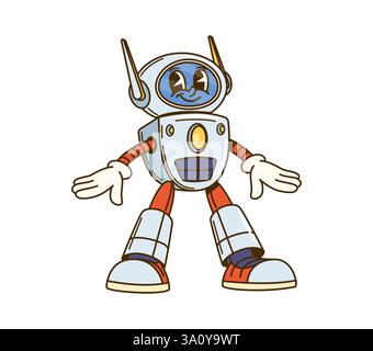 Cartoon-grooviger Roboter mit Antennencharakter. Futuristischer Cyborg, künstliche Intelligenz android grooviger isolierter Vektor lustiger Charakter. Chatbot AI dr Stock Vektor