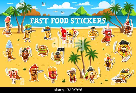 Cartoon Fast Food Piraten und Korsaren Aufkleber Pack. Vektor-Eis, Burrito, Ketchup- oder Senfflaschen, Limonade, Pizza, Burger, Brezel und Popcorn. Stock Vektor
