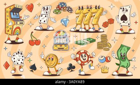 Groovige Glücksspiel- und Casino-Charaktere mit Zeichentrickkarten, Roulette, Chips und Würfeln. Niedliches grooviges Glücksspiel und Casino-Vektorfiguren von Stock Vektor