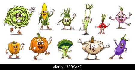 Cartoon-groovige Gemüsefiguren mit ausdrucksstarken Gesichtern. Vektorkohl, Mais, Lauch, Rettich, Zwiebeln, Pfeffer, Kürbis, Brokkoli, Knoblauch und Auberginen, Stock Vektor