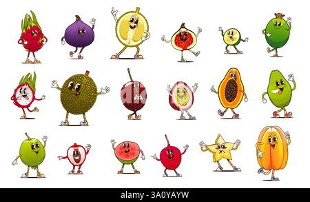 Cartoon groovige ganze und halbe Frucht Charaktere von Vektor Retro Hippie Beeren Essen. Lustige Papaya, Feijoa, Feigen, Drachen und Passionsfrüchte. Happy groovy l Stock Vektor