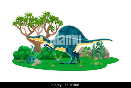 Oxalaia prähistorischer Dinosauriercharakter in natürlicher Landschaft mit Felsen, Bäumen und Kakteen. Isolierter Karikaturvektor altes fleischfressendes Reptilientier mit c Stock Vektor