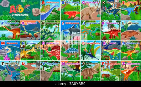 Prähistorische Dinosaurier im Kinderalphabet mit lustigen Zeichentrickfiguren, Vektor-ABC-Buchstaben. Kinder lernen Alphabet mit Dinosauriern und Jurassic Prehist Stock Vektor