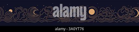 Mond, Wolke und Ozean. Endloses Muster des Vektors der magischen Linie. Goldene dekorative Kunstdekoration für Astrologie, esoterische Borte, Tarot-Dekor. Sterne am windigen Himmel Stock Vektor