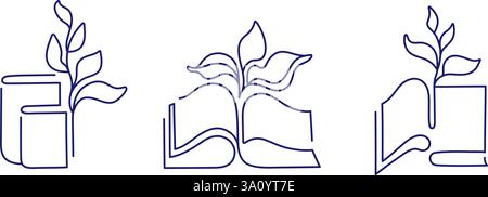 Offenes Buch mit Sprossen, Blättern. Symbol für eine durchgehende Linie. Sammlung von Kritzelkonturvektoren isoliert. Bildungsstudium und Wissenskonzept. Growi Stock Vektor