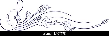 Abstraktes Strichsymbol mit Noten. Treble-Schlüssel mit Wirbeln. Akustische Herbstkomposition. Vektorhintergrund, der bearbeitet werden kann. Doodle Air Wind und fliegende le Stock Vektor