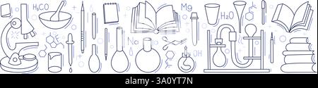 Chemiesammlung. Linienzeichnung von Mikroskop und Laborteströhrchen. Bildungs- und Lernzeichen für Schulunterricht, Drucksachen. Vektordoo Stock Vektor