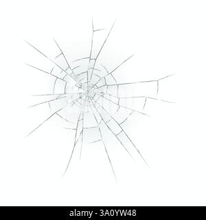 Die Abbildung zeigt ein realistisches, zersplittertes Glasmuster mit komplizierten Rissen, die von der Mitte nach außen strahlen. Ideal für Designprojekte oder Hintergründe. Stock Vektor
