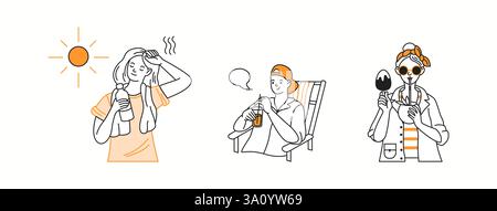 Illustration von drei Personen, die Sommergetränke und Snacks unter der Sonne genießen und sich in einer zwanglosen und lustigen Doodle-Art-Verlosung erfrischt und entspannt fühlen Stock Vektor