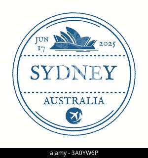 Reisepassstempel im Vintage-Stil mit dem Symbol des Sydney Opera House und Reisedatum 17. Juni 2025. Ideal für Reisedesigns und Themendekor. Stock Vektor