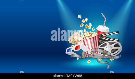 Banner für den Kopierbereich. Abbildung von beweglichen realistischen 3D-Kinoobjekten, einschließlich Popcorn-Eimer, Tickets, Klapptafel, Limonade und Filmrolle auf einem dr Stock Vektor